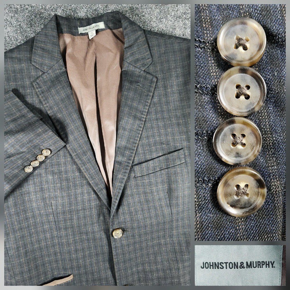 Johnston & Murphy Blazer Mens S Grey Plaid Brown Elbow Patches Sport Coat